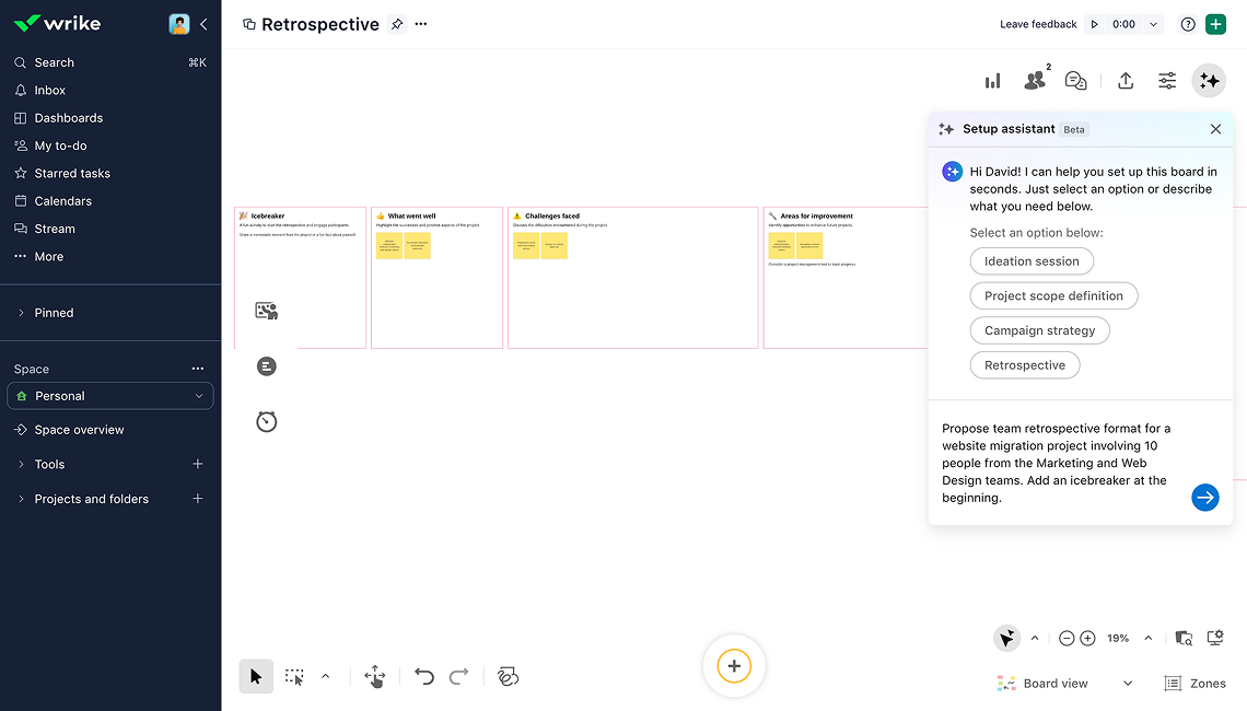 Wrike Klaxoon Whiteboard AI setup assistant interface.