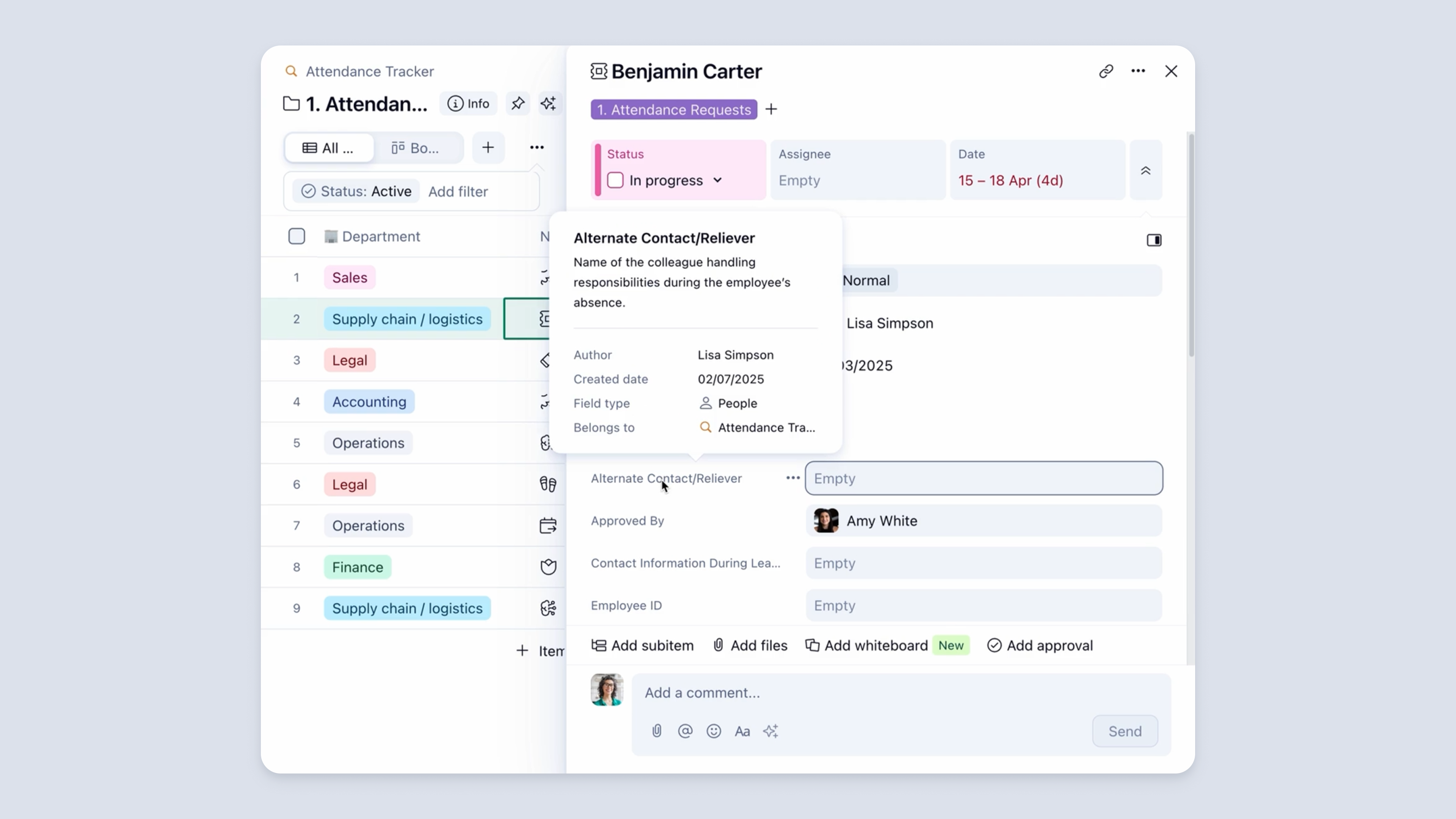 Custom fields description in a software interface with various input types.