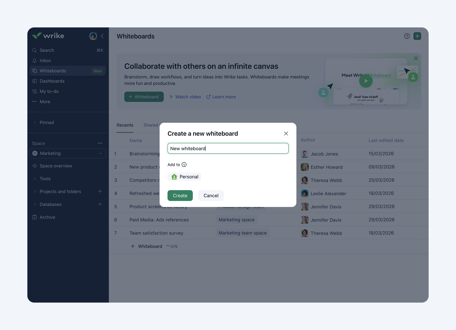 The Whiteboards tab in Wrike showcasing new board creation feature.