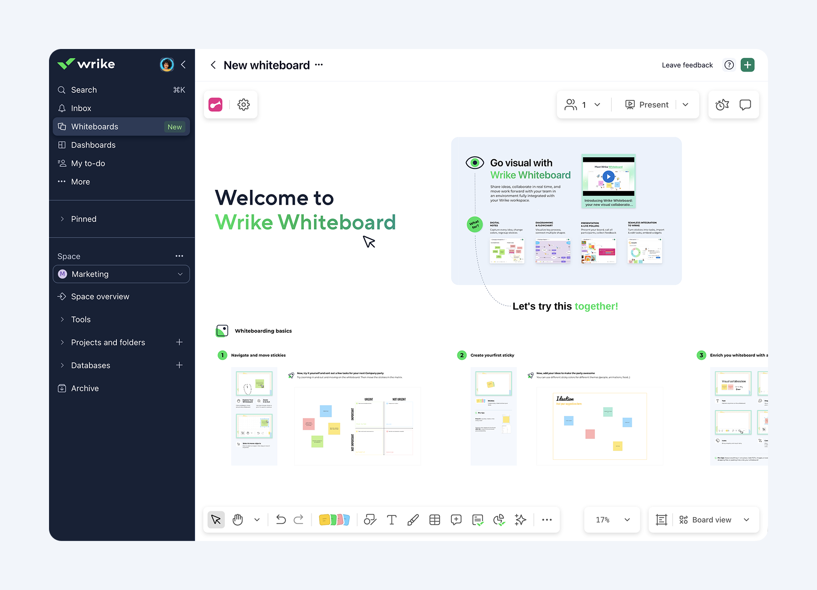Welcome to Whiteboard - Wrike interface showcasing an onboarding path to visual collaboration.