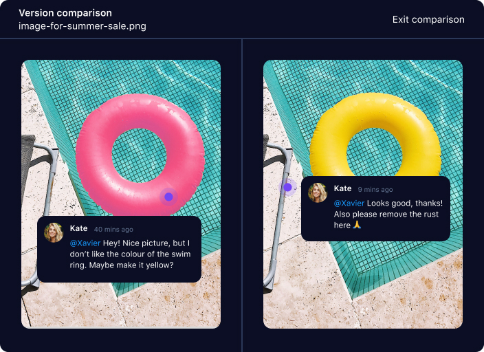 Product screenshot comparing versions in a proofing tool.