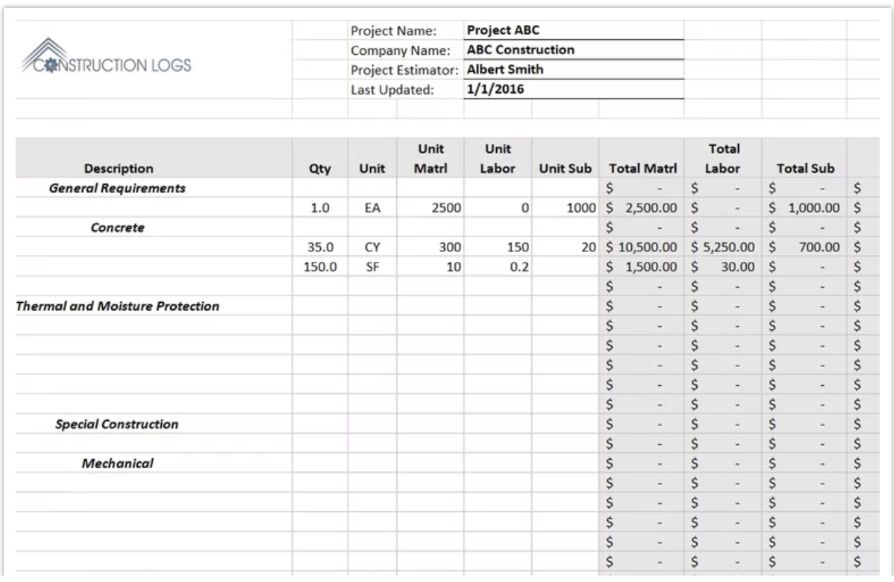 Construction Log’s free construction project estimate template