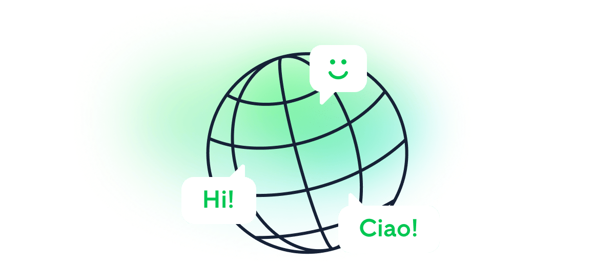 Language selector dropdown with globe icon and list of available languages.