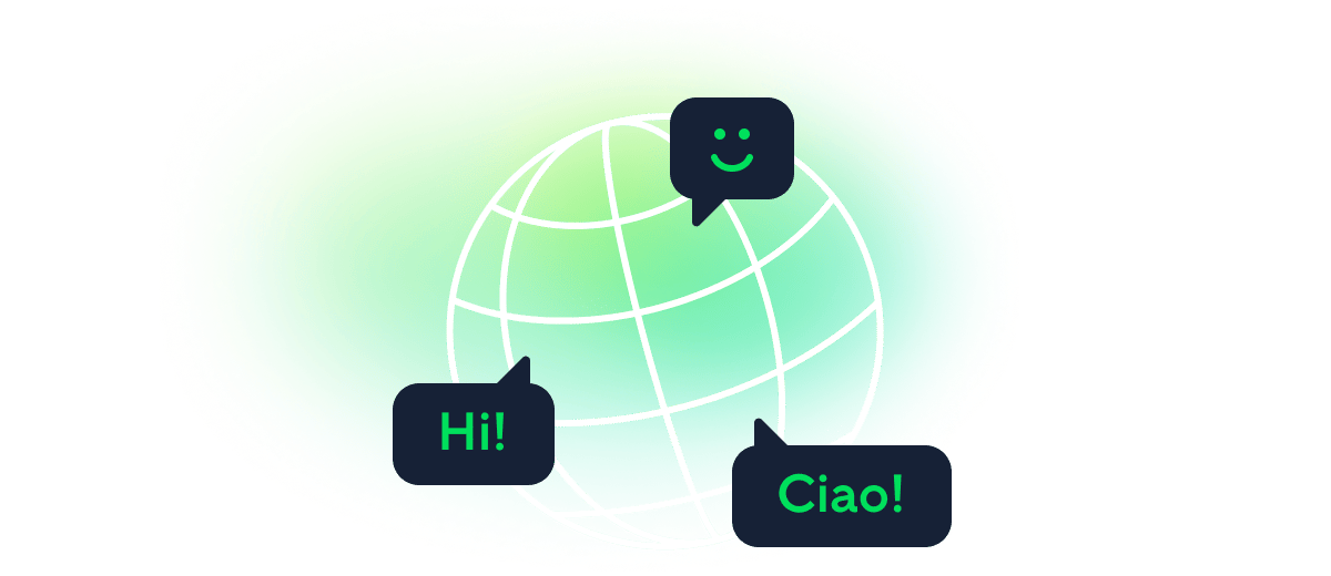 Language selector dropdown with globe icon and list of available languages.