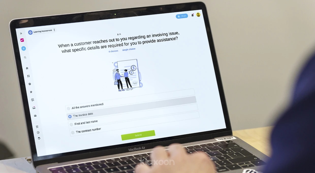 A person answering a Learning Assessment Quiz on their desktop. | Klaxoon
