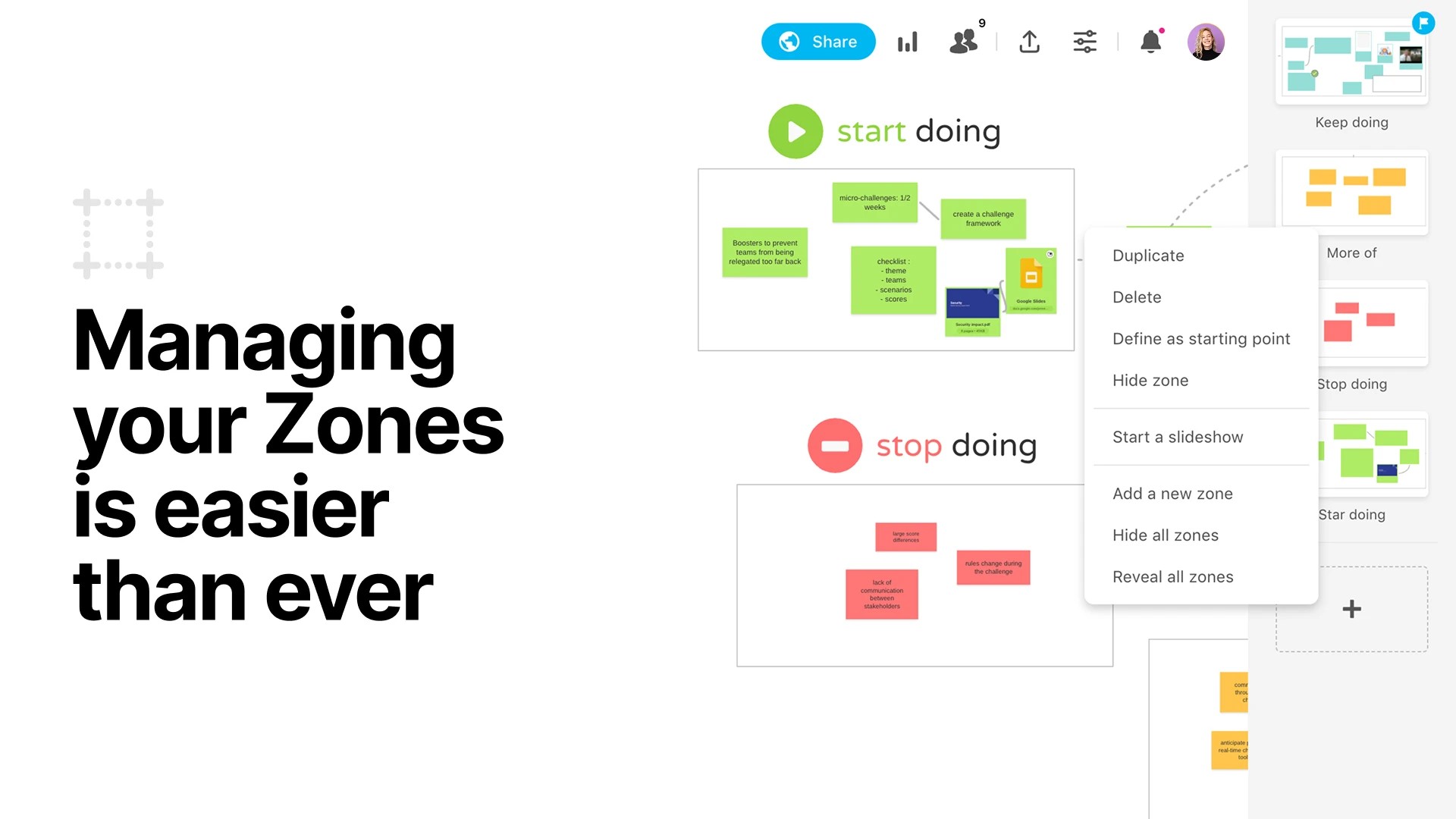 An overview of the menu now available for managing Zones on Boards. | Klaxoon