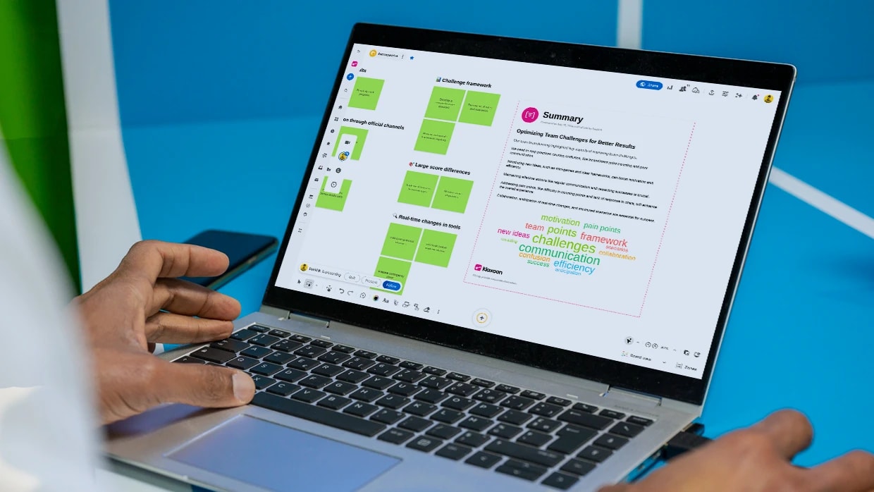 Ideas summary board with AI-generated word cloud showcasing key insights.