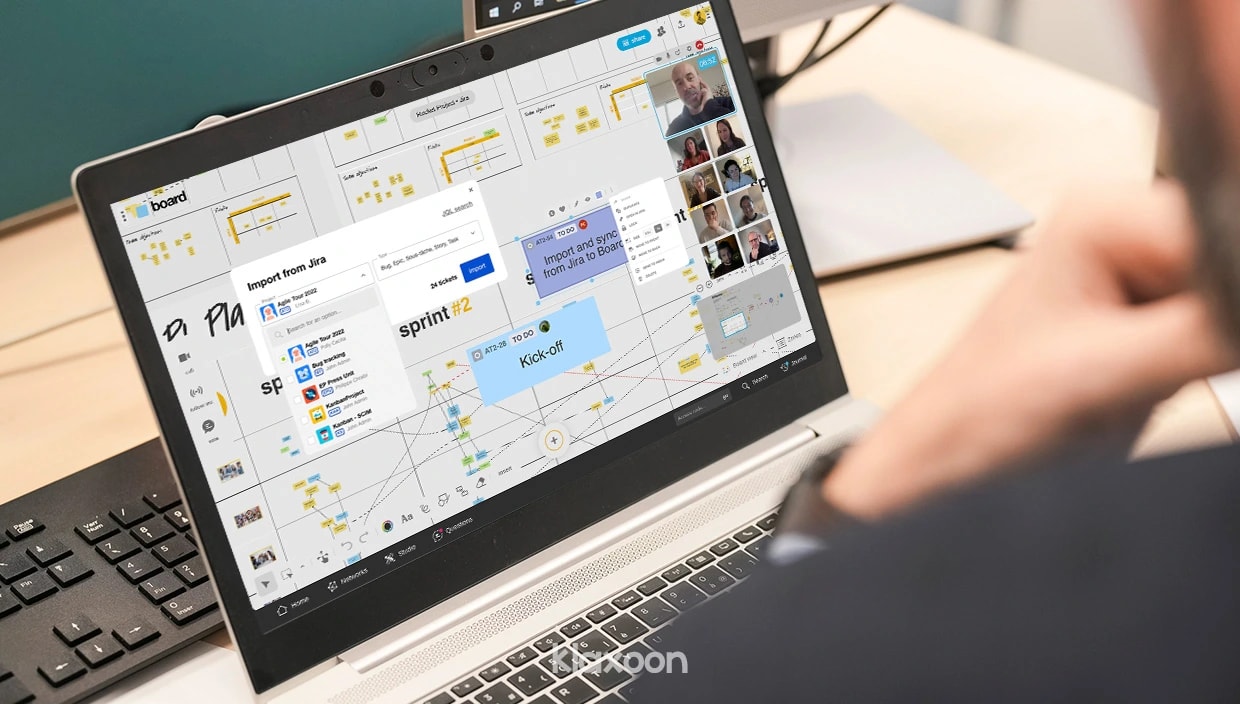 A person working on a computer displaying a Board with the option to import Jira tickets. | Klaxoon