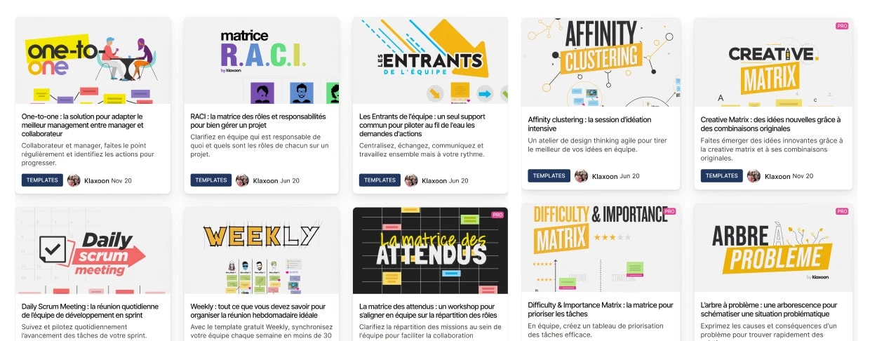 Un aperçu des méthodes prêtes à l’emploi qui sont disponibles dans la bibliothèque de templates de Klaxoon. | Klaxoon