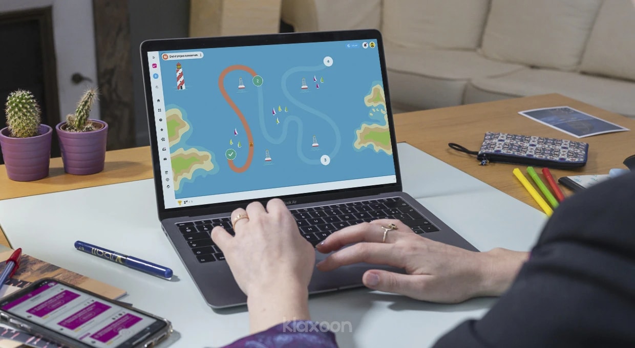 A person working on a computer displaying an End of Project Mission template. | Klaxoon