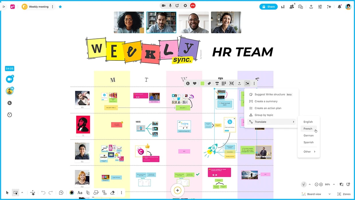 A screenshot of a Board displaying the Weekly template with several people connected via video. A menu shows that users can select shared ideas and translate them into their preferred language using AI. | Klaxoon