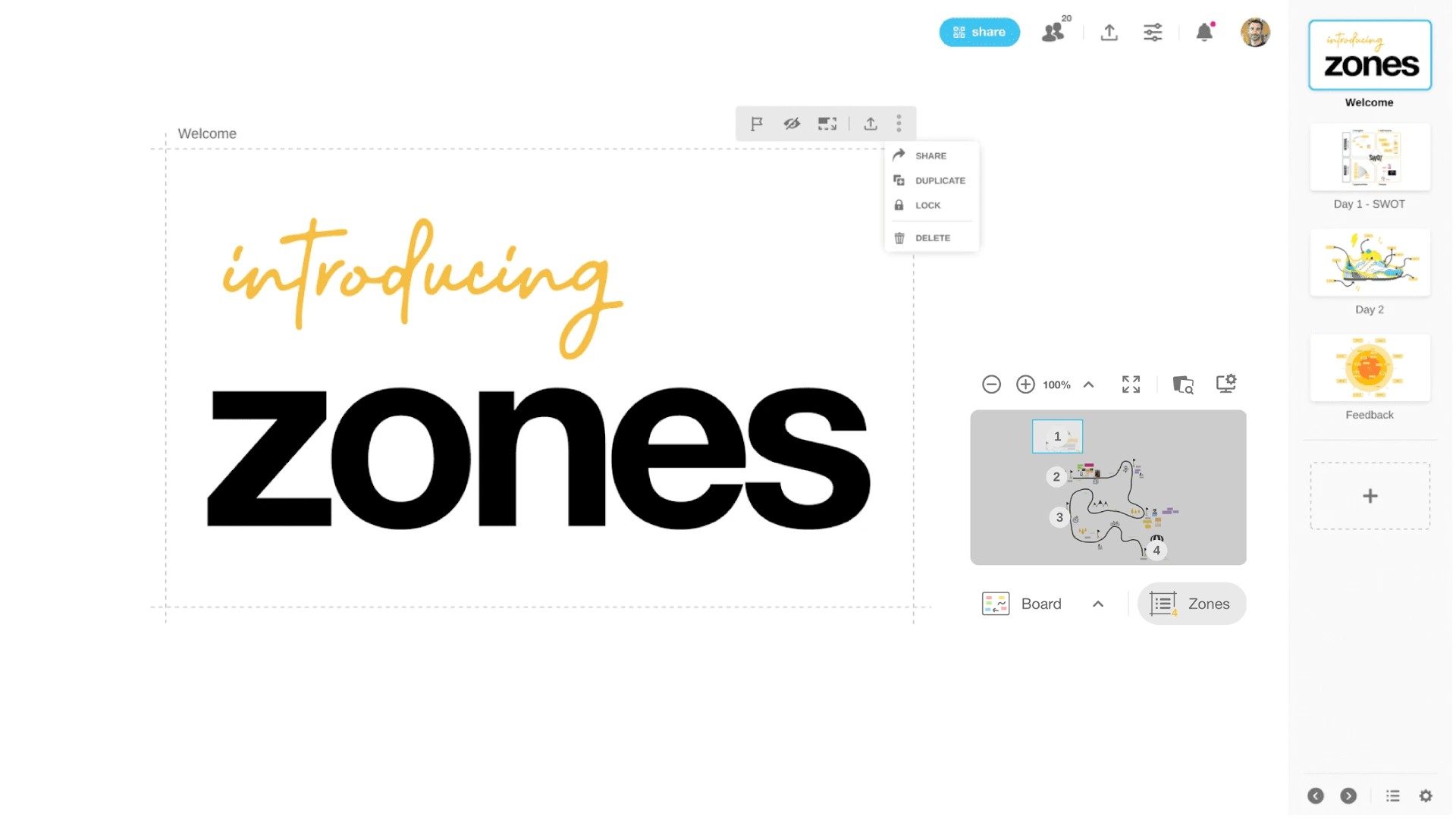 A Klaxoon Board with a pathway displayed in the form of several zones. | Klaxoon