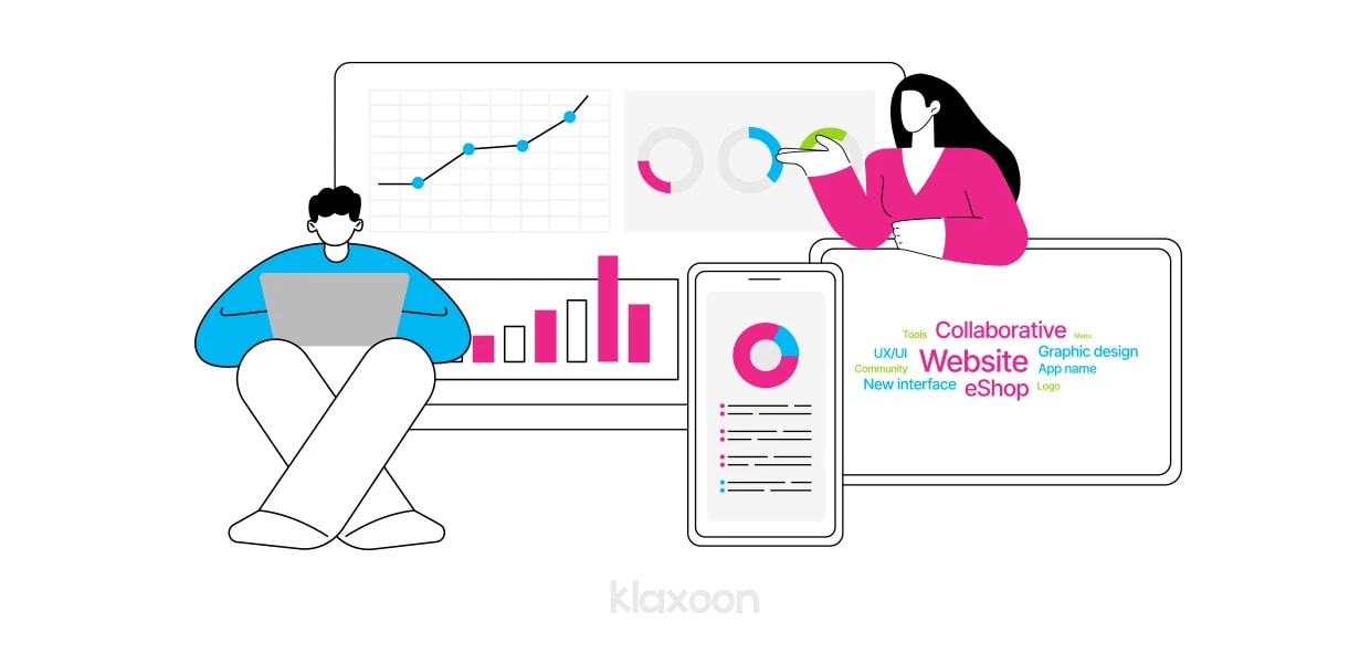 Two characters working on different visual media formats: a graph, a word cloud, and an evolution chart. | Klaxoon