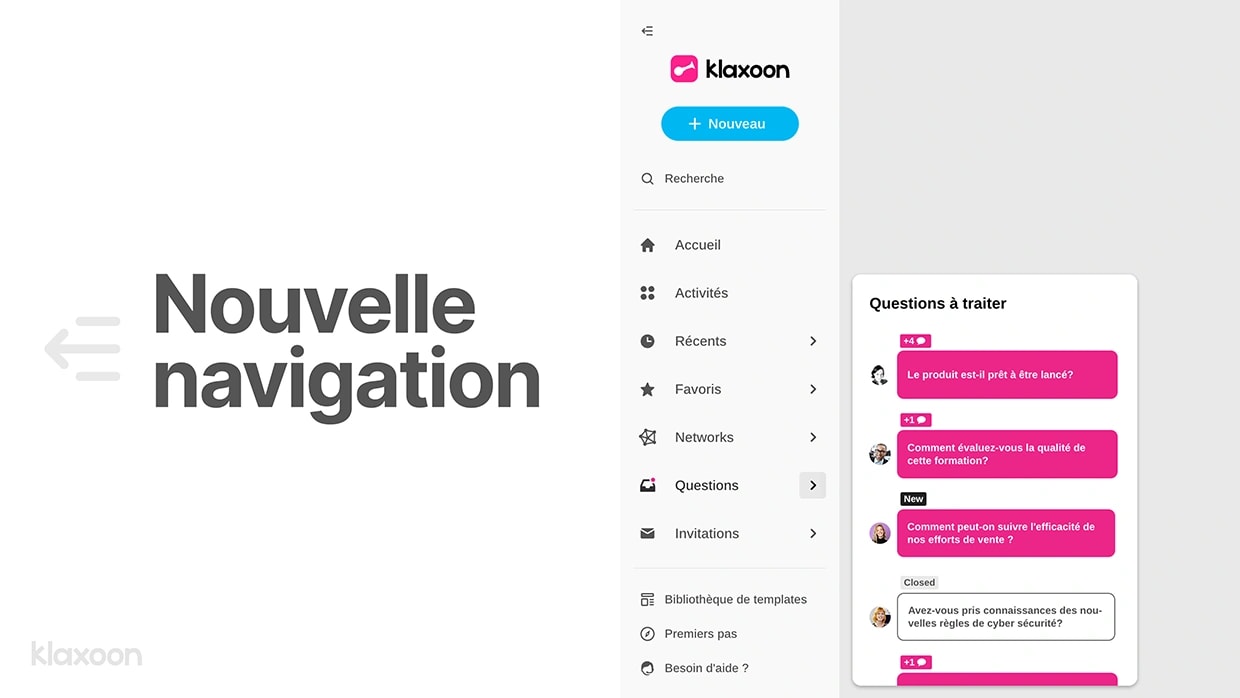 Les menus d’accès rapide dans l’interface de la plateforme tout-en-un. | Klaxoon