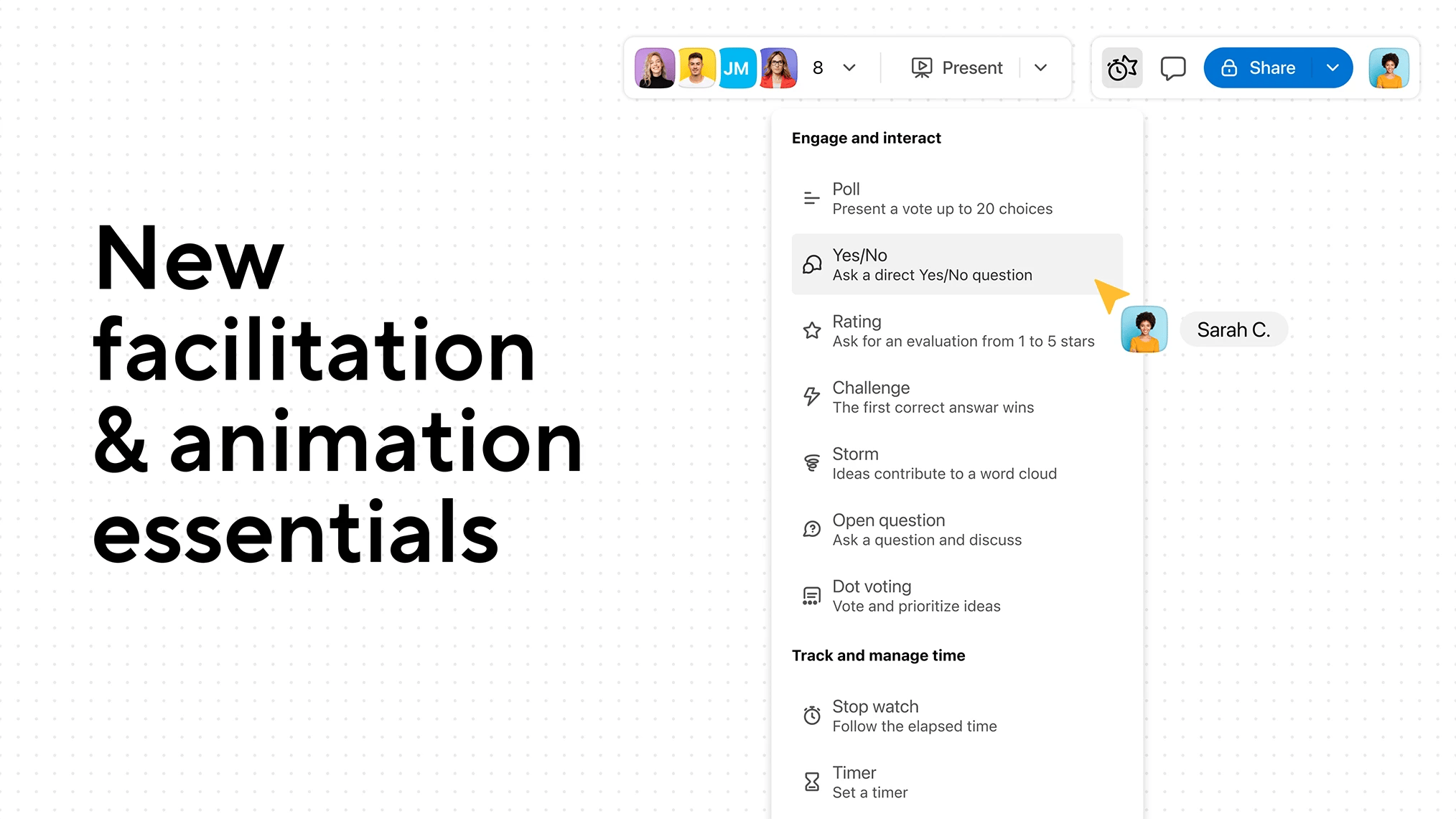 A Board interface showing facilitation and presentation tools. | Klaxoon