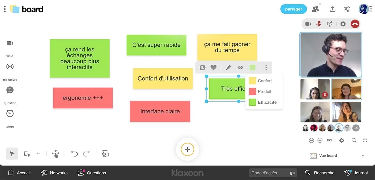 Personnes se réunissant sur un Board à distance et partageant des idées en suivant un code couleur sur le produit en lui-même, son confort d’utilisation et son efficacité. | Klaxoon