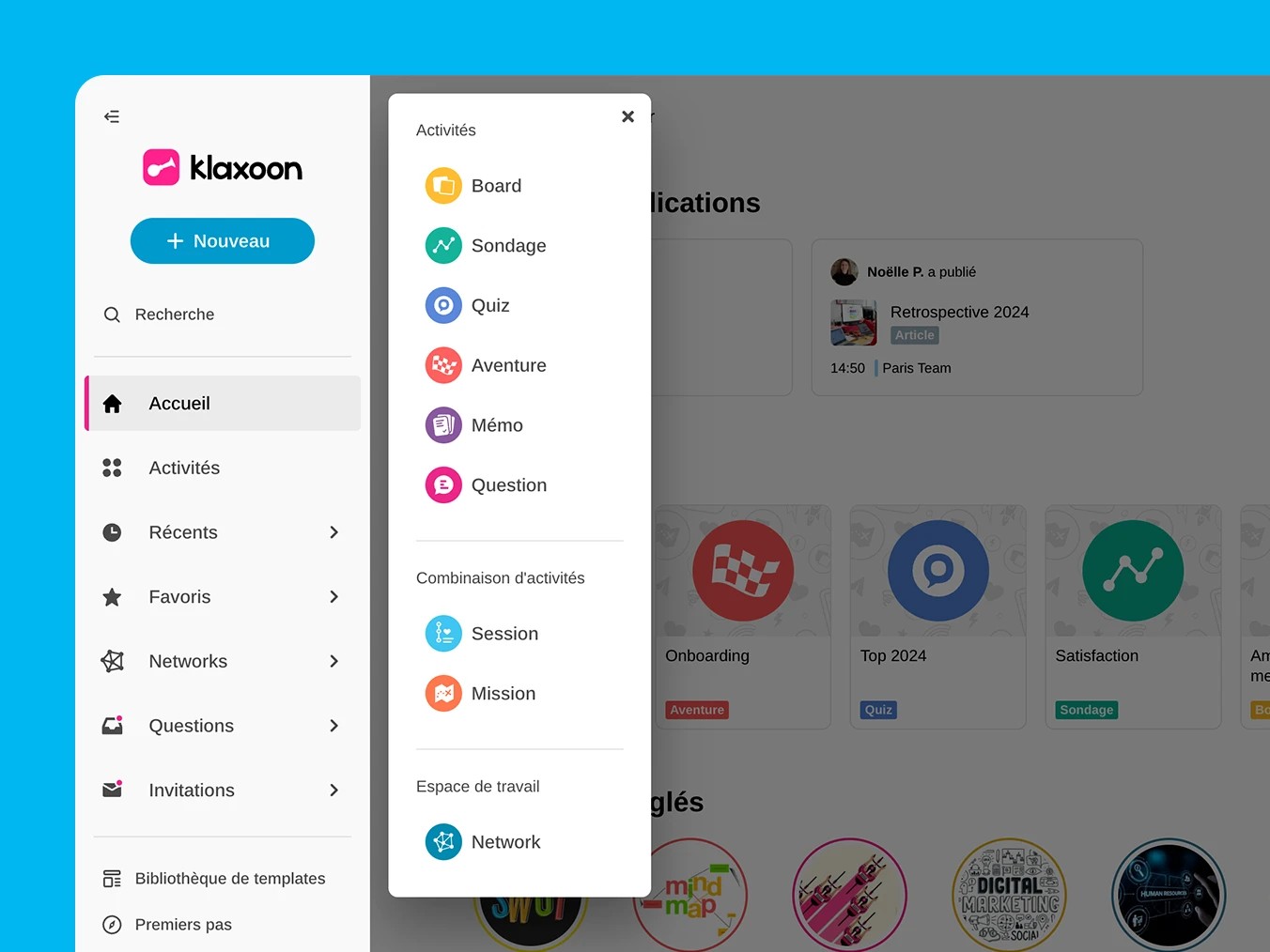 Interface Klaxoon avec tableau blanc numérique et outils interactifs en réunion.