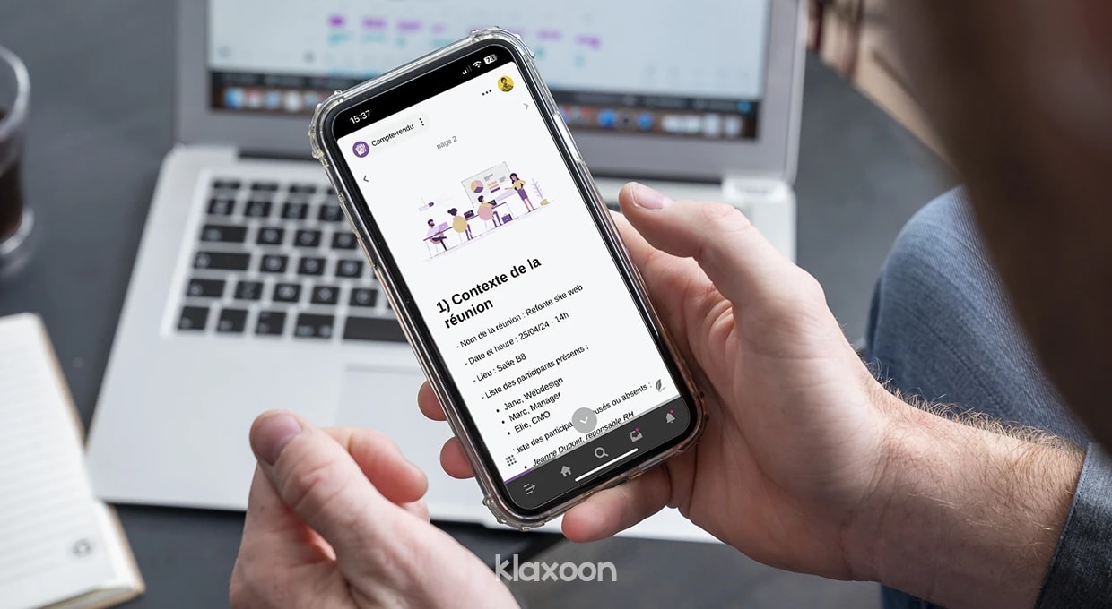 Compte rendu de réunion au format mémo avec icônes et notes structurées.