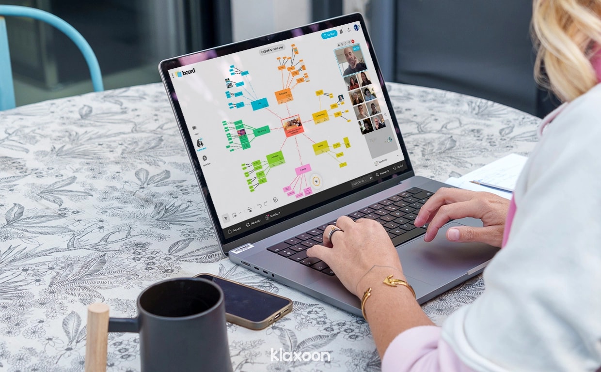 A person working on a desktop displaying a Mindmapping Board, with other people connected remotely. | Klaxoon
