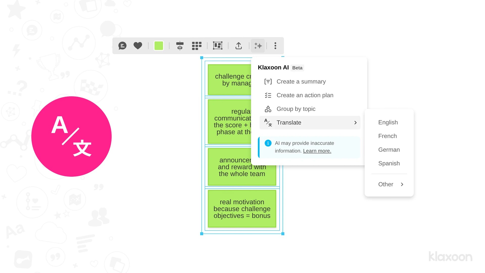 A screenshot of a Board where several ideas are selected for translation using AI-based feature. | Klaxoon