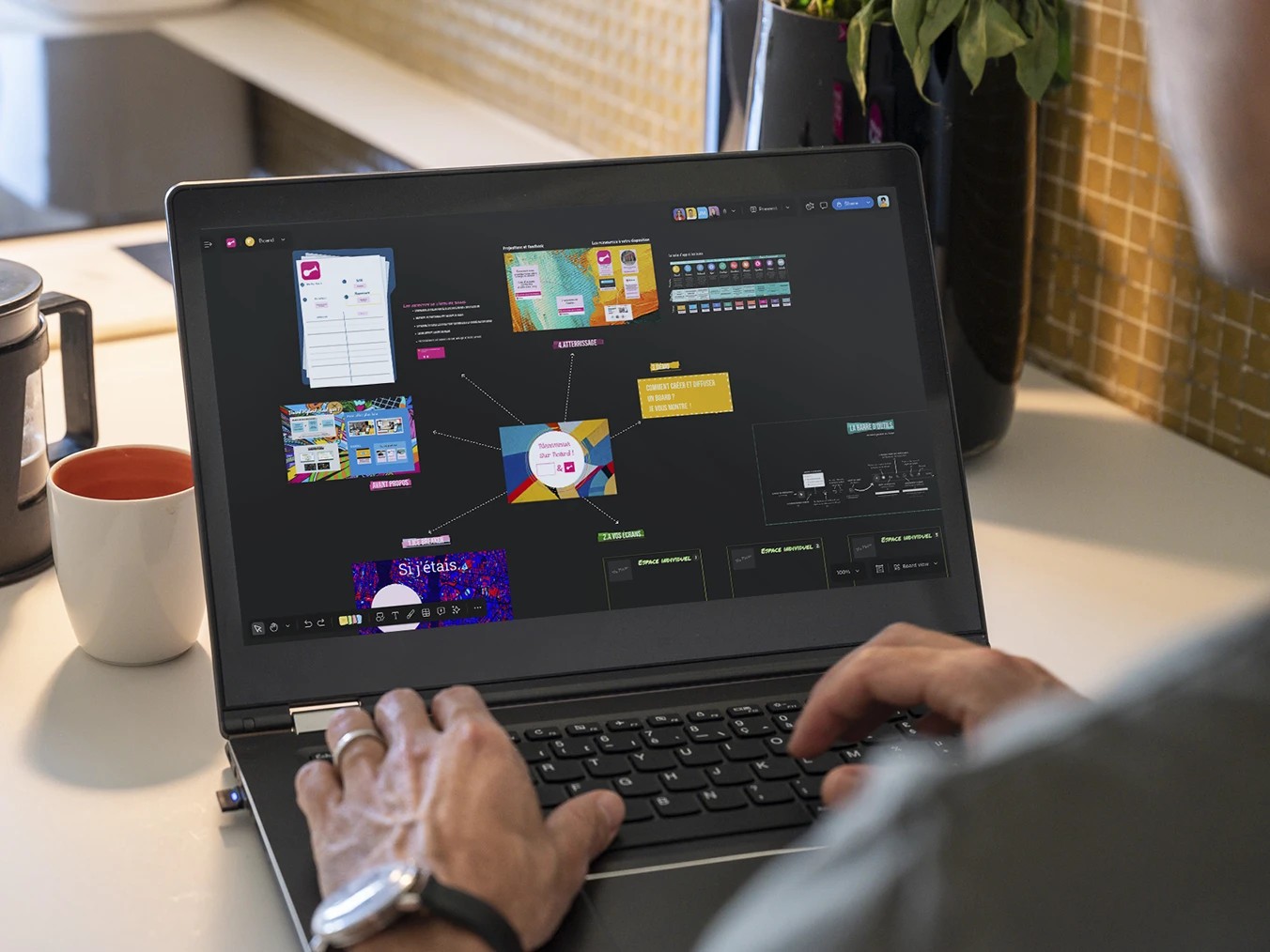 Three-stage project workflow diagram with task cards and progress arrows.