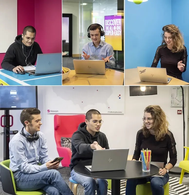 Trois personnes travaillent en asynchrone puis se retrouvent pour échanger. | Klaxoon