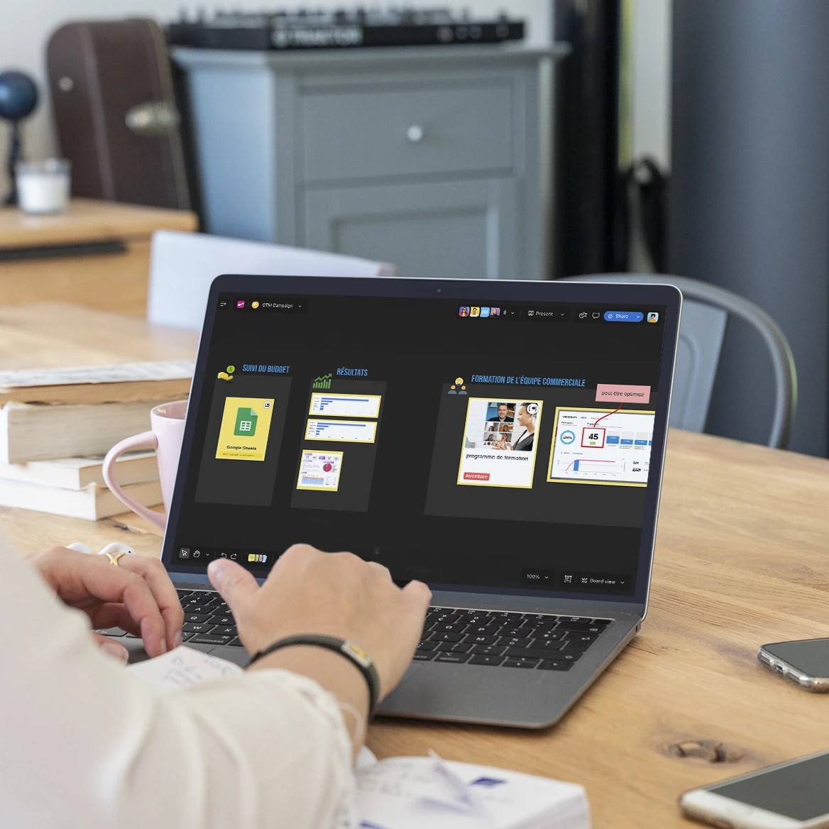 Equipe marketing collaborant autour d’un tableau de bord de gestion de campagnes.