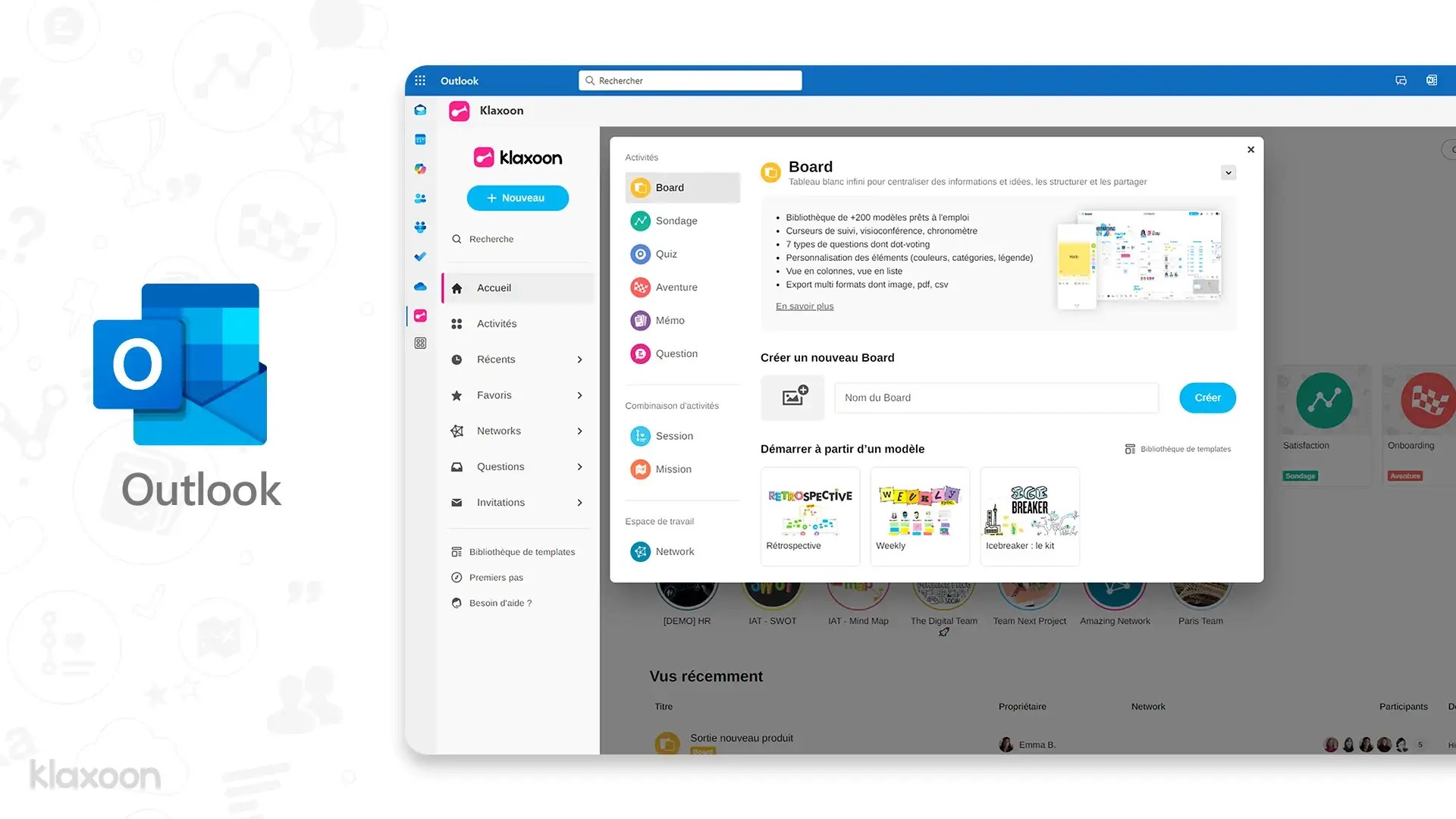 Visuel de l’intégration de la plateforme collaborative Klaxoon avec Microsoft Outlook. | Klaxoon