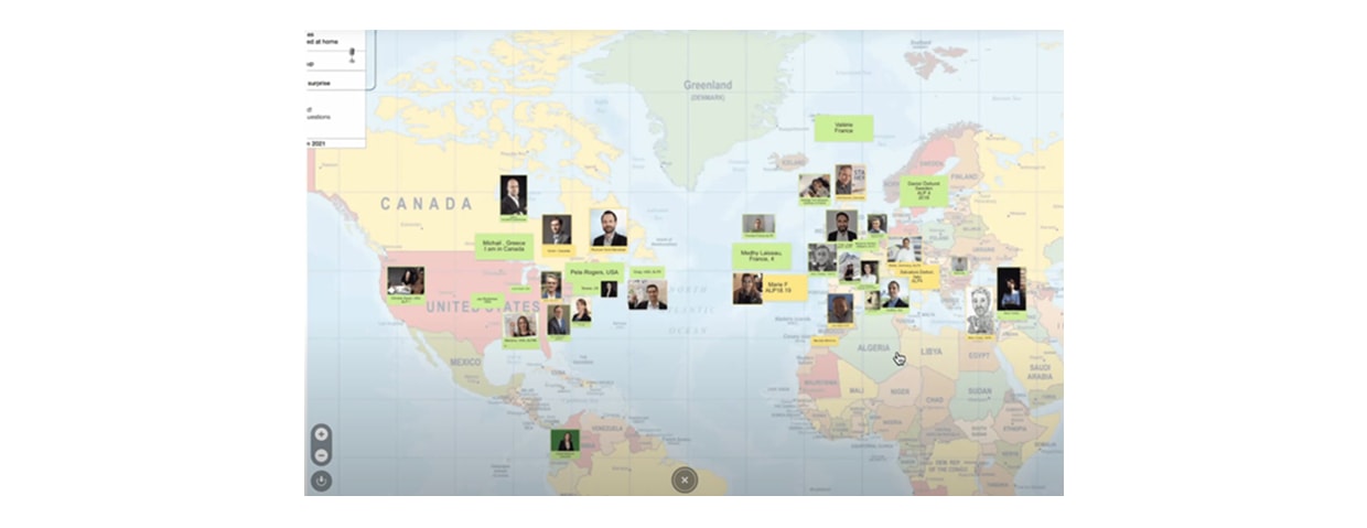 Sur un Board, chaque participant à la réunion indique l'endroit d'où il travaille en ajoutant sa photo sur la carte du monde. | Klaxoon