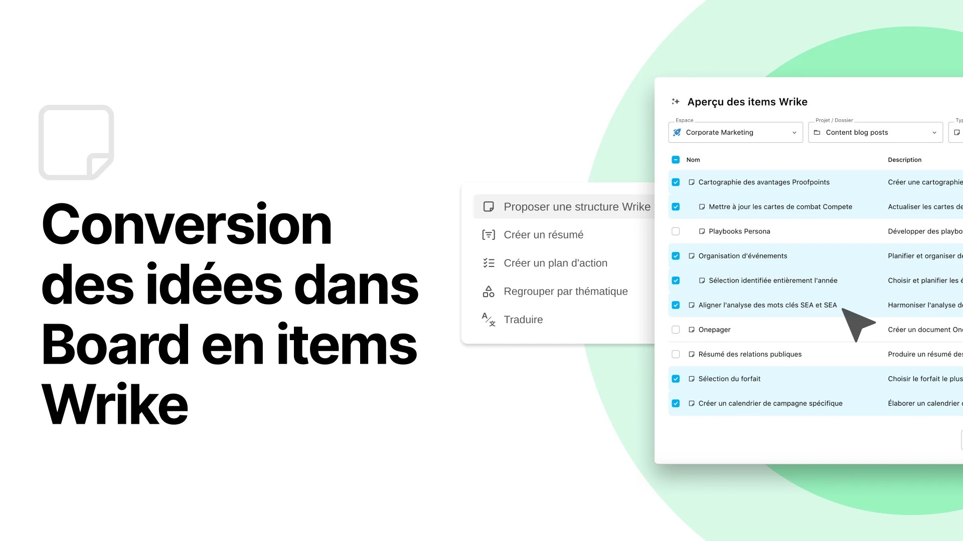 Fonctionnalité de conversion des idées dans Board en éléments Wrike. | Klaxoon