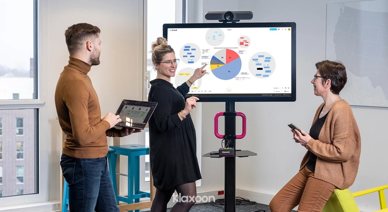 Three people standing around a MeetingBoard discussing budget allocations. | Klaxoon 