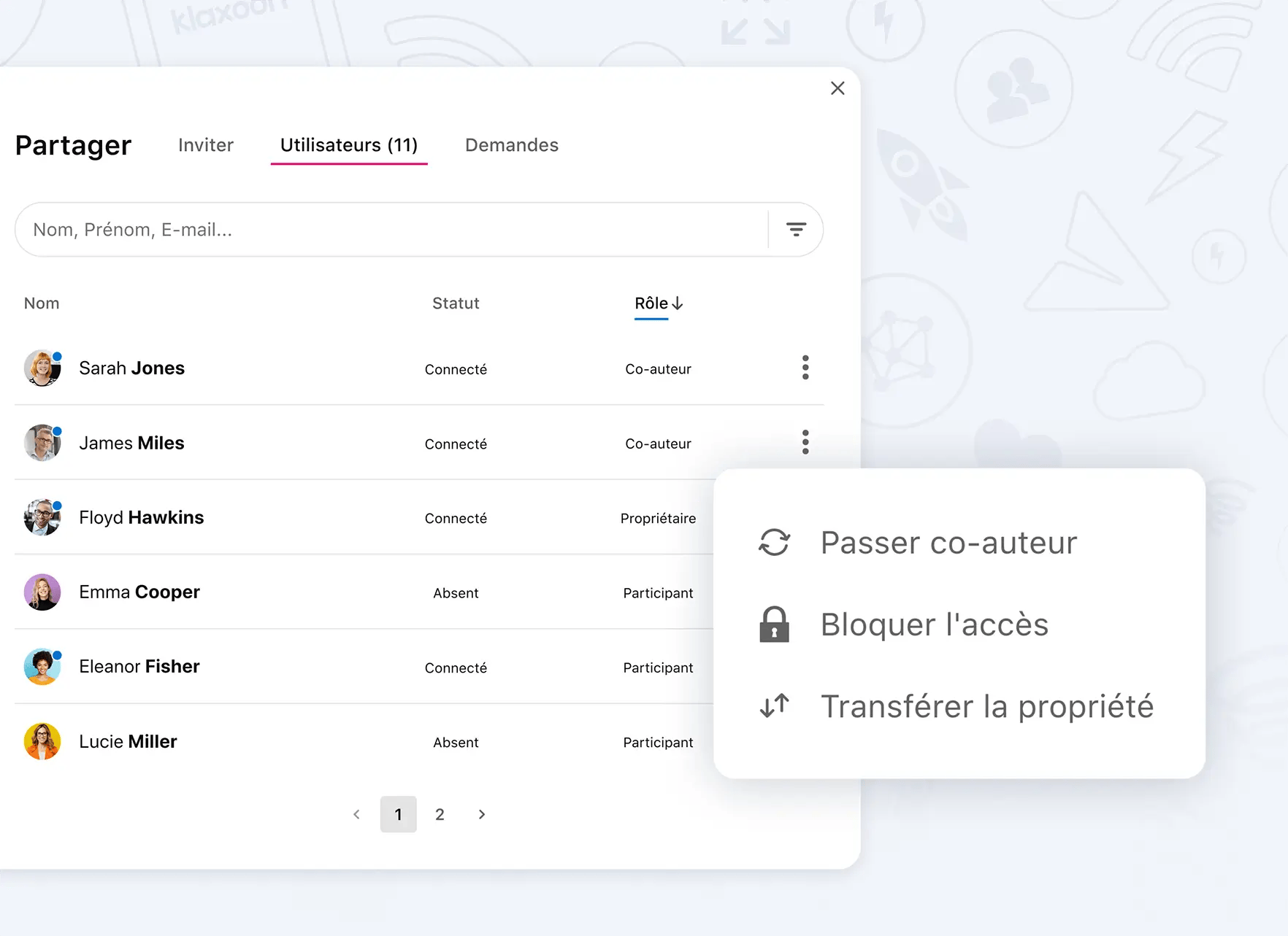 Comparaison des rôles Manager et Participant avec icônes de gestion et de collaboration.