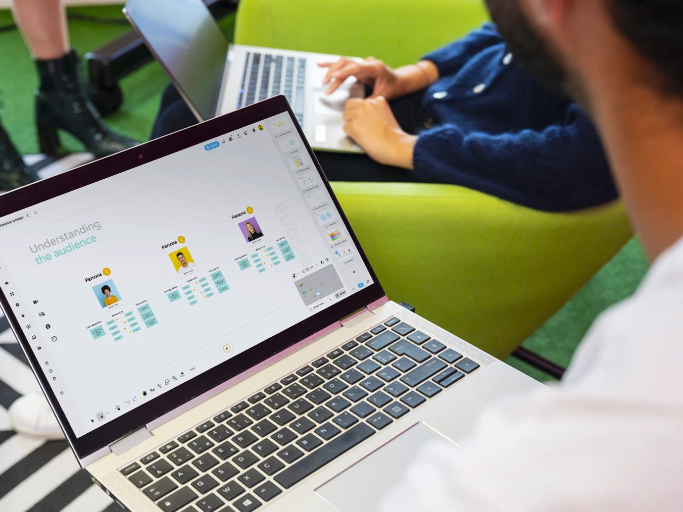 A person working on a computer displaying the Personas section of a Marketing Campaign Board. | Klaxoon