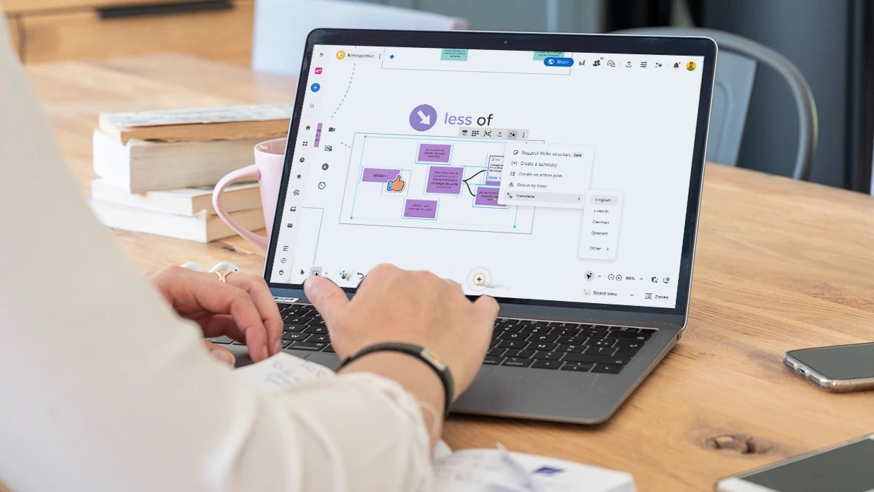 Kanban board with AI-powered translation card presenting idea in multiple languages.