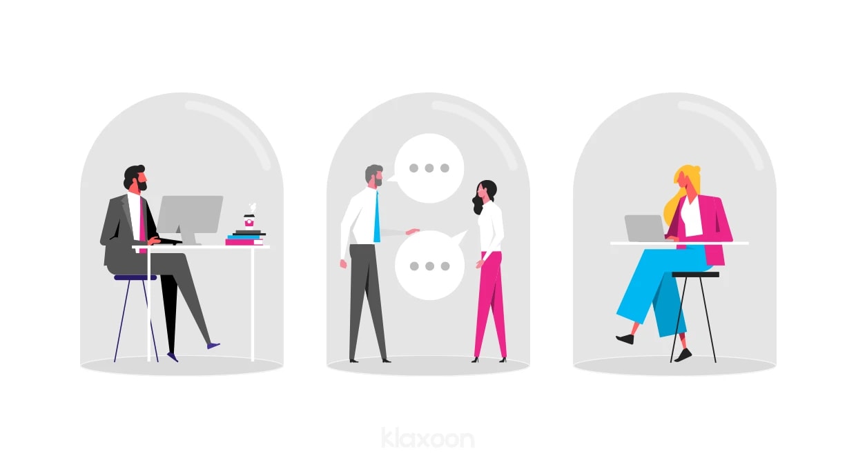 An illustration divided into three parts, each showing one or more people working in their own area, without ever crossing paths. | Klaxoon 