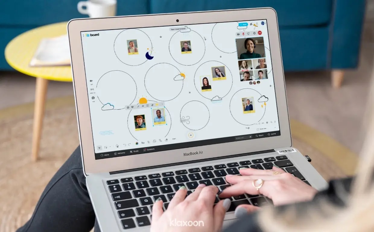 A team meeting in videoconference on a Team Mood Forecast Template, where several people added their picture in the areas dedicated to express their mood of the day. | Klaxoon