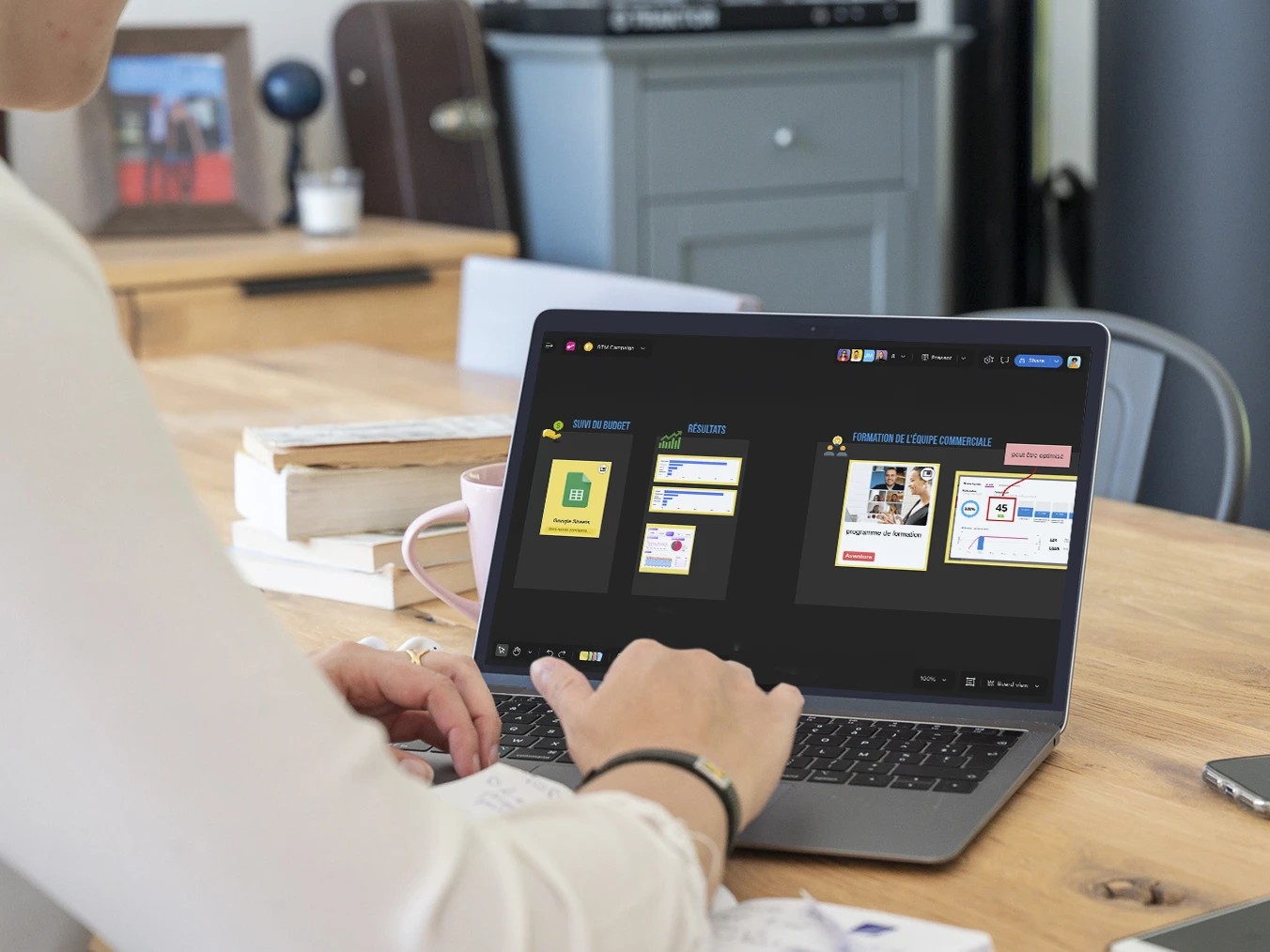 Tableau de bord marketing collaboratif avec graphiques, calendrier et listes de tâches.