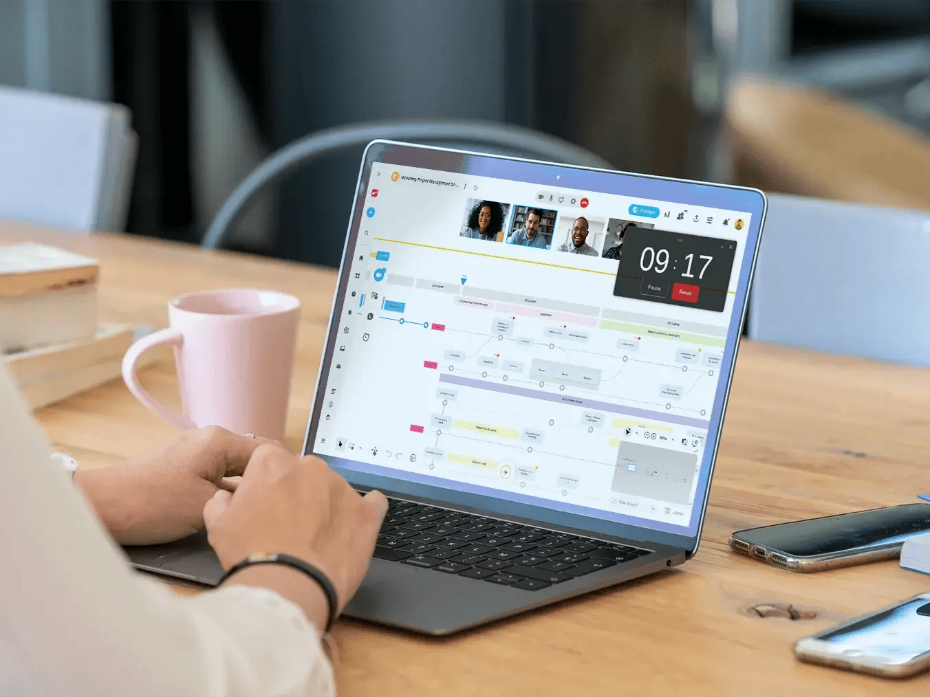 Reduce the hidden costs of your meetings text with team at table and clock icon.