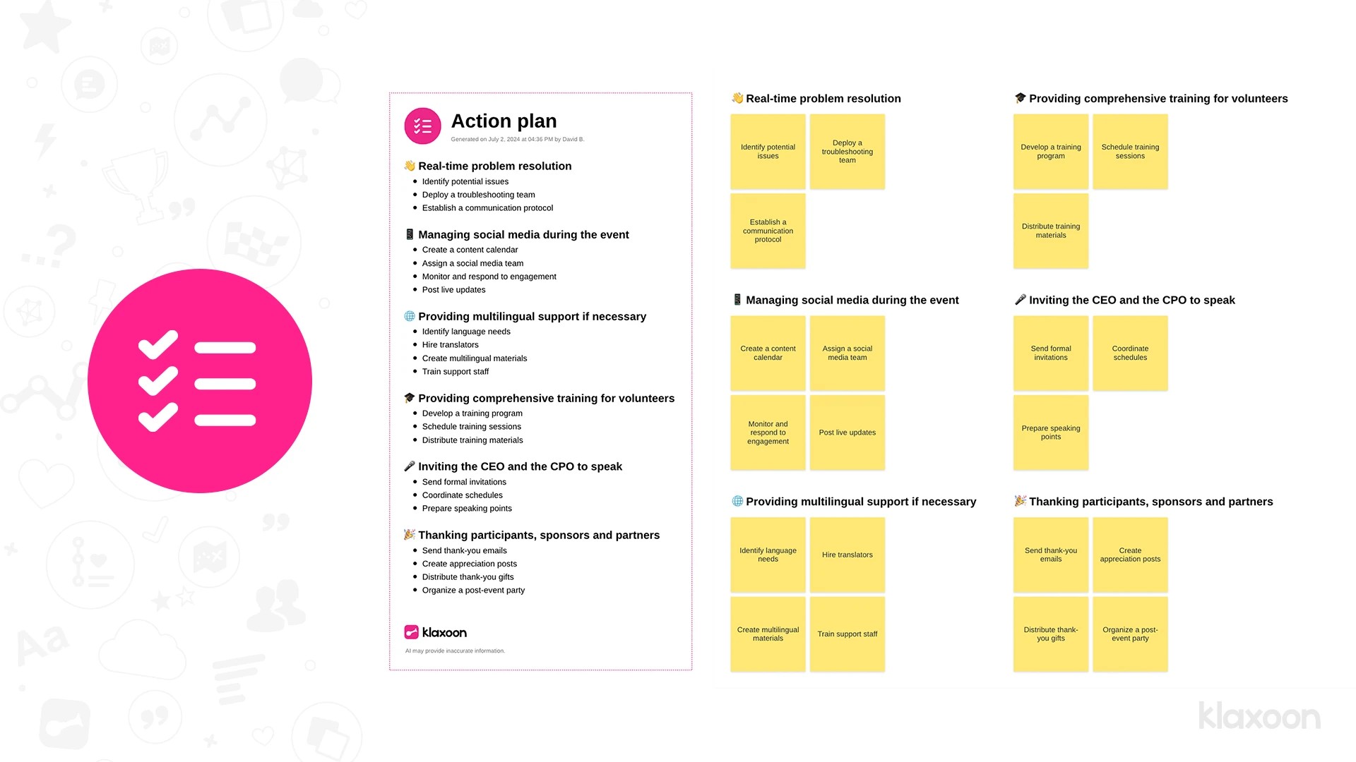 A screenshot of a Board where several ideas are shared in different categories, before being converted into an action plan by using the dedicated feature. | Klaxoon