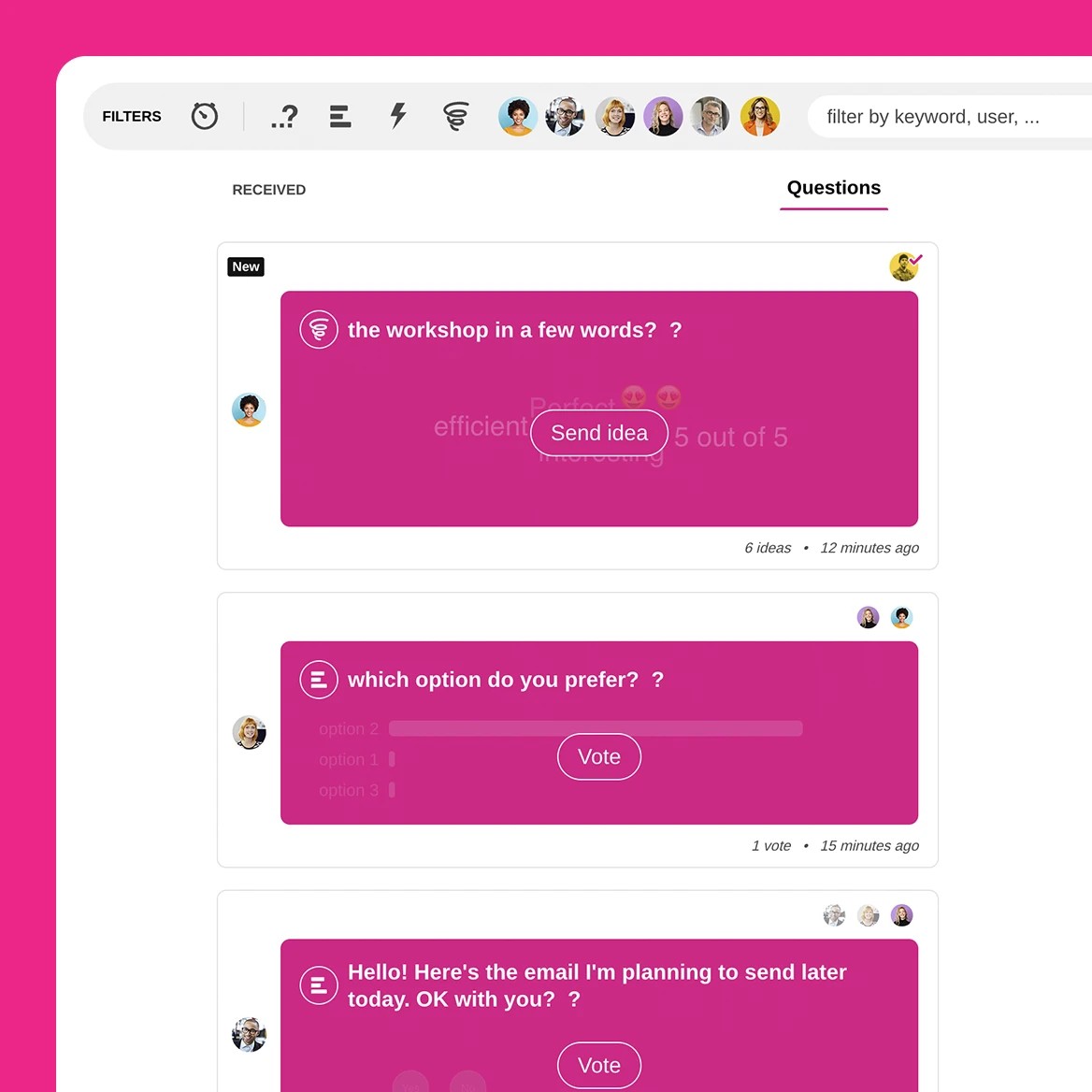 Klaxoon question screen with live poll and colorful answer bubbles.