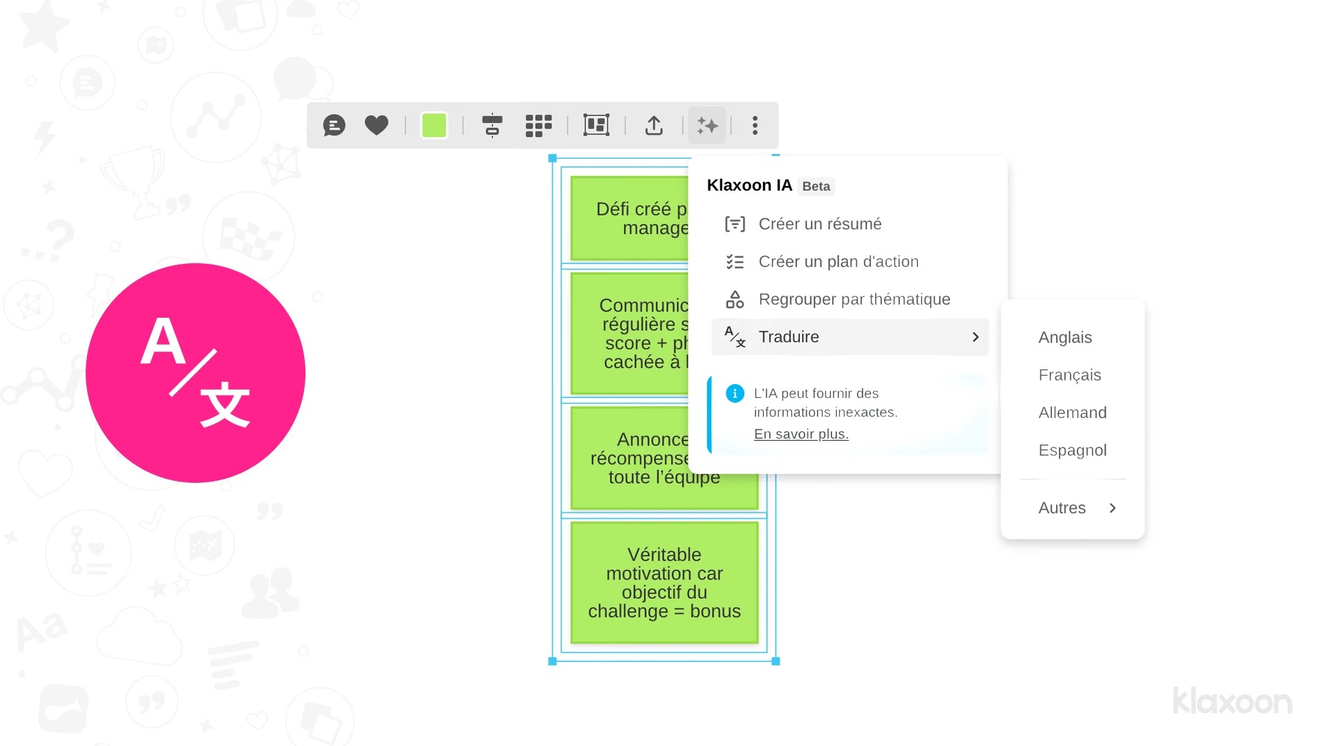 Une capture d’écran d’un Board où plusieurs idées sont sélectionnées, en vue d’être traduites grâce à la fonctionnalité basée sur l’IA. | Klaxoon