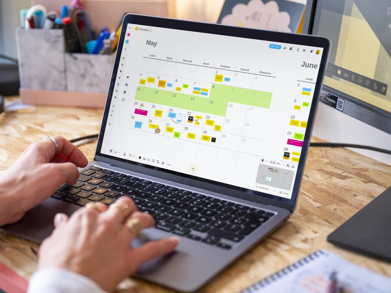 Content production workflow icons representing documents, videos, assets and collaboration.