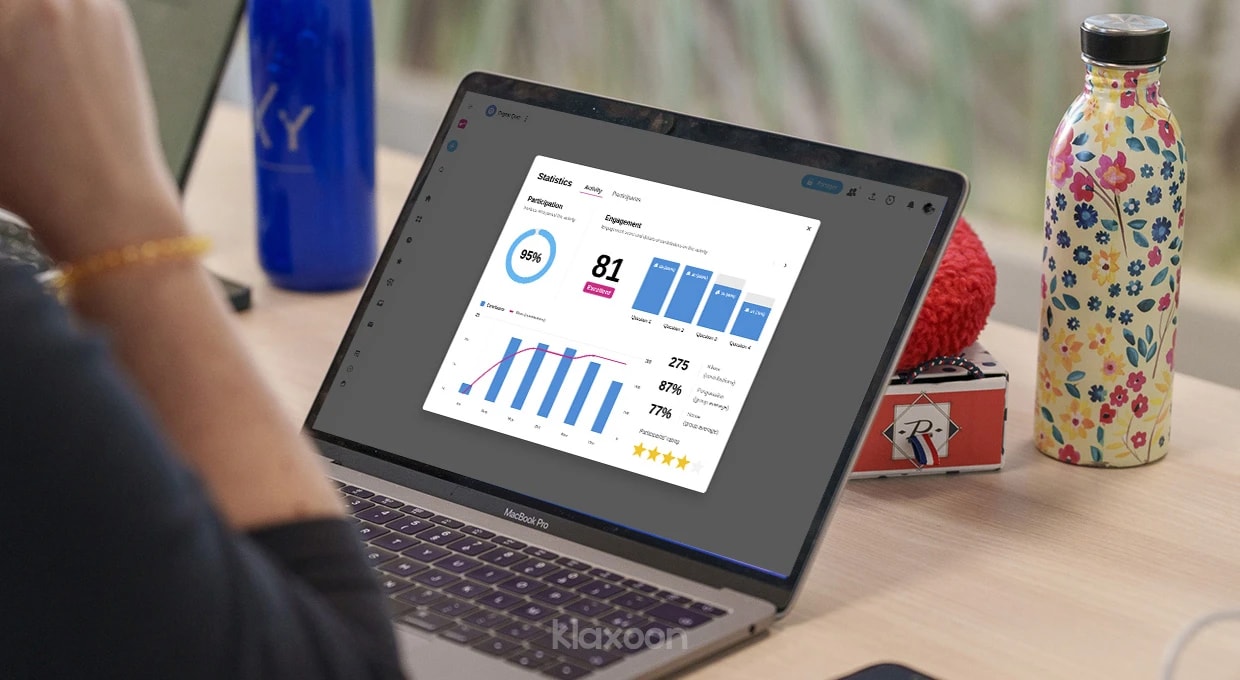 A person working on a computer that displays a tracking dashboard of the engagement statistics related to an activity. | Klaxoon