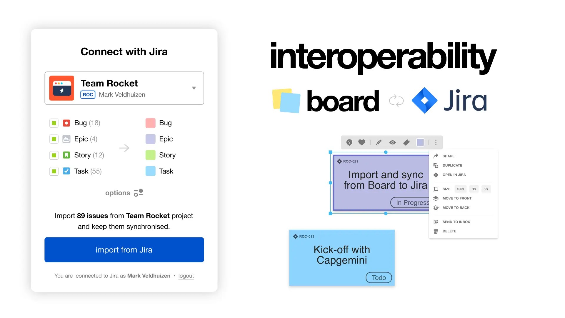 The interoperability between Klaxoon Board and Jira. | Klaxoon