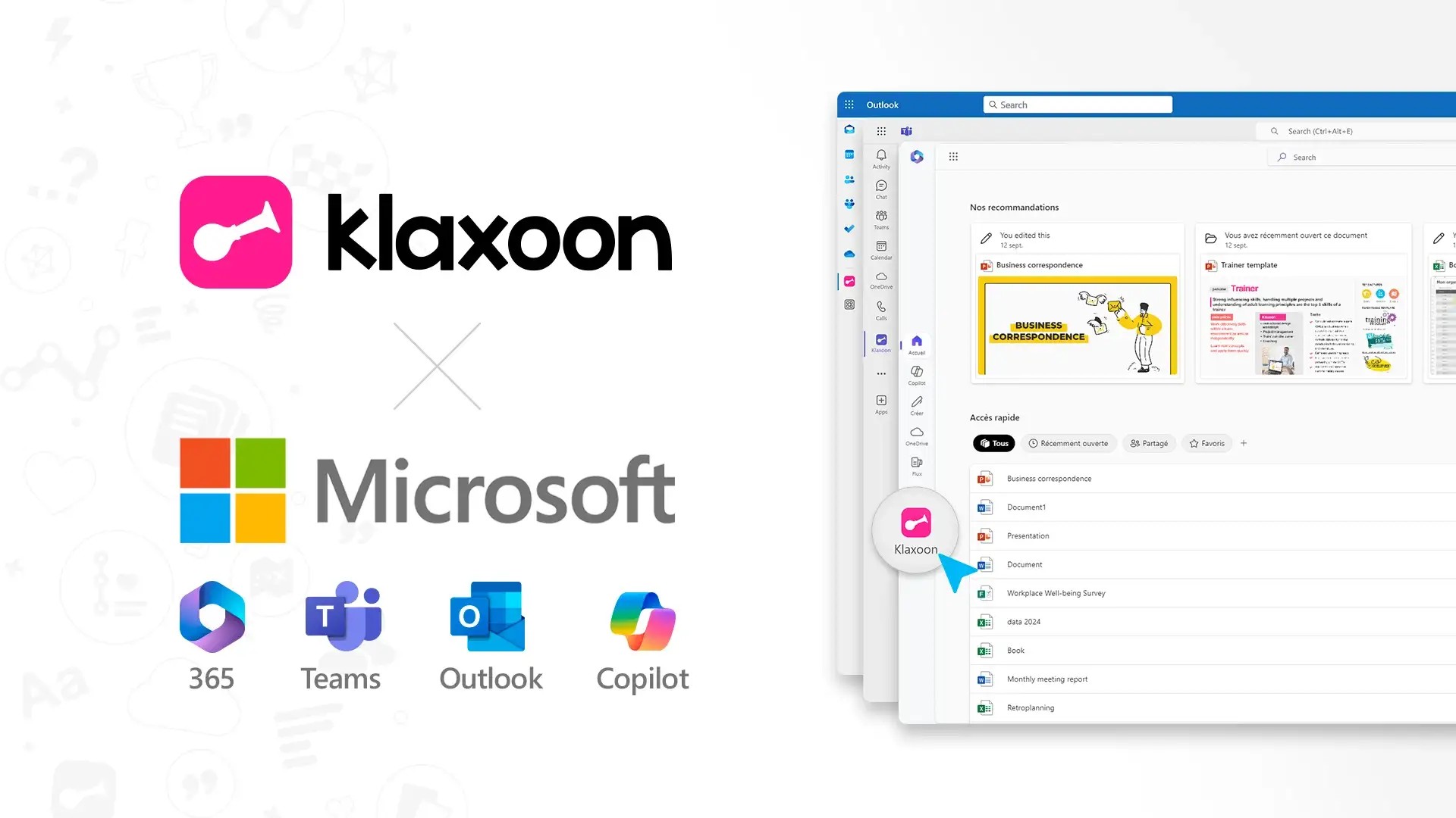 Visuel de l’intégration de la plateforme collaborative Klaxoon avec les outils Microsoft Teams, Outlook, Microsoft 365 et Copilot. | Klaxoon