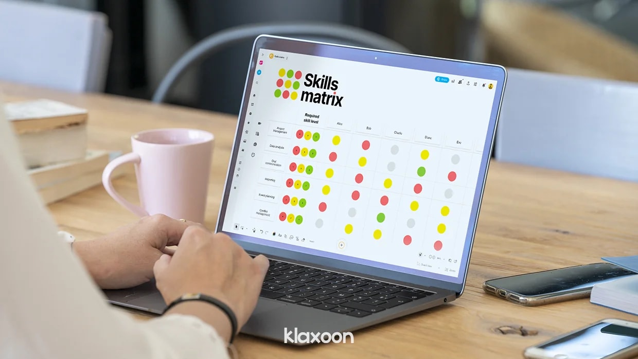 A person working on a computer that displays a Board showing the Skills Matrix method. | Klaxoon