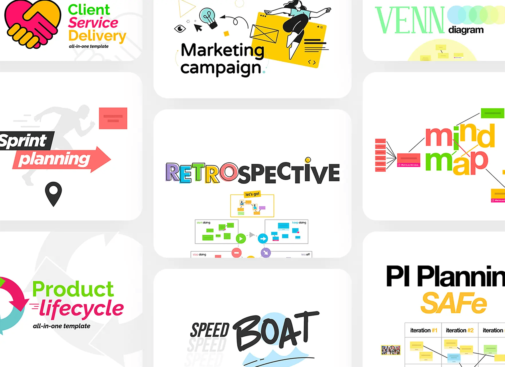 Multiple project template cards with colored icons and sample text lines.