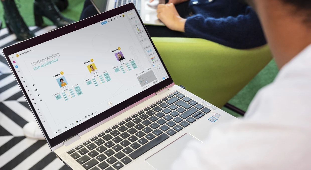 A person working on a desktop displaying the Persona part of the Marketing Campaign template. | Klaxoon
