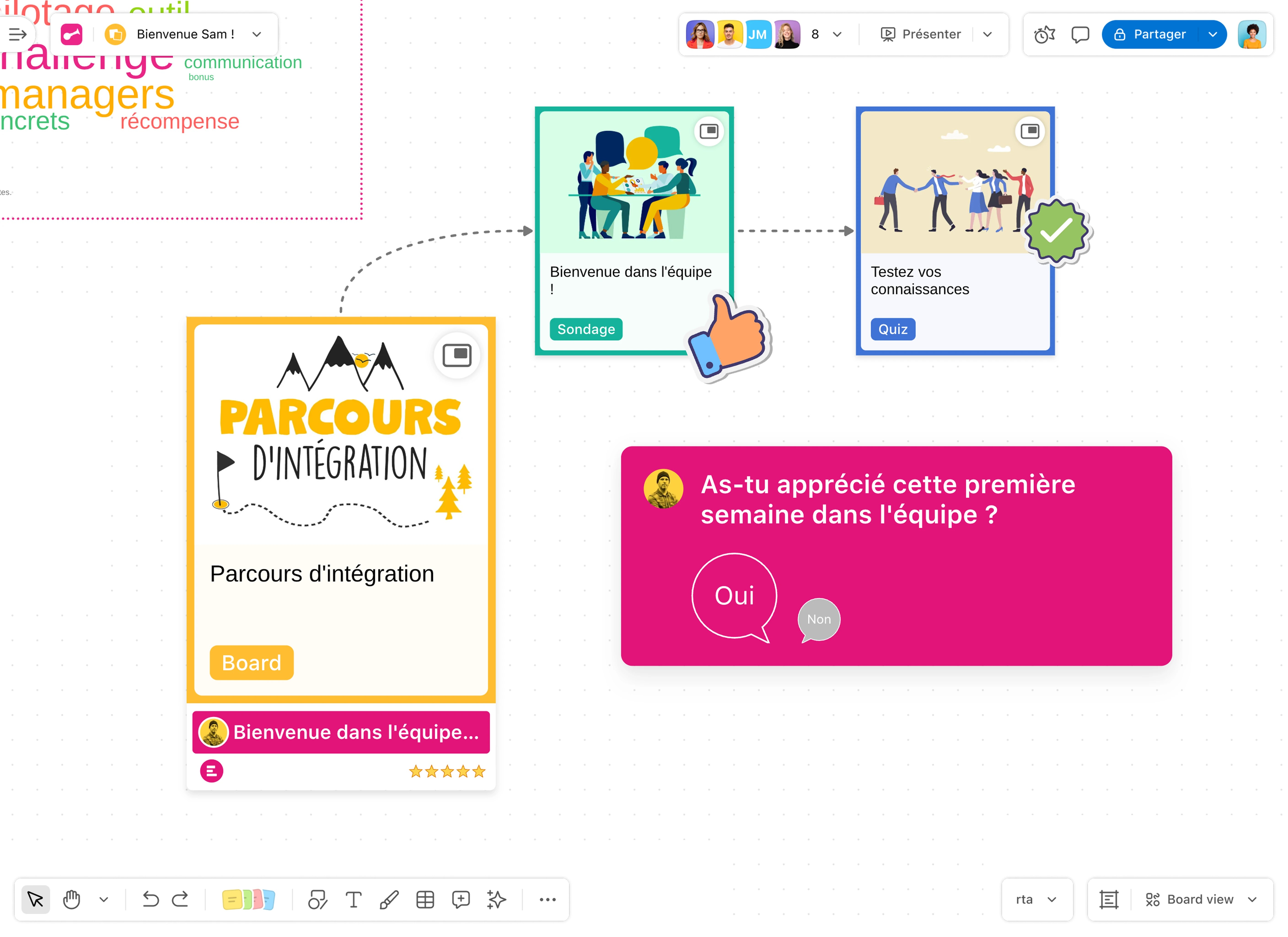 Vue tableau avec cartes de tâches colorées en colonnes et panneau d’activités récentes.