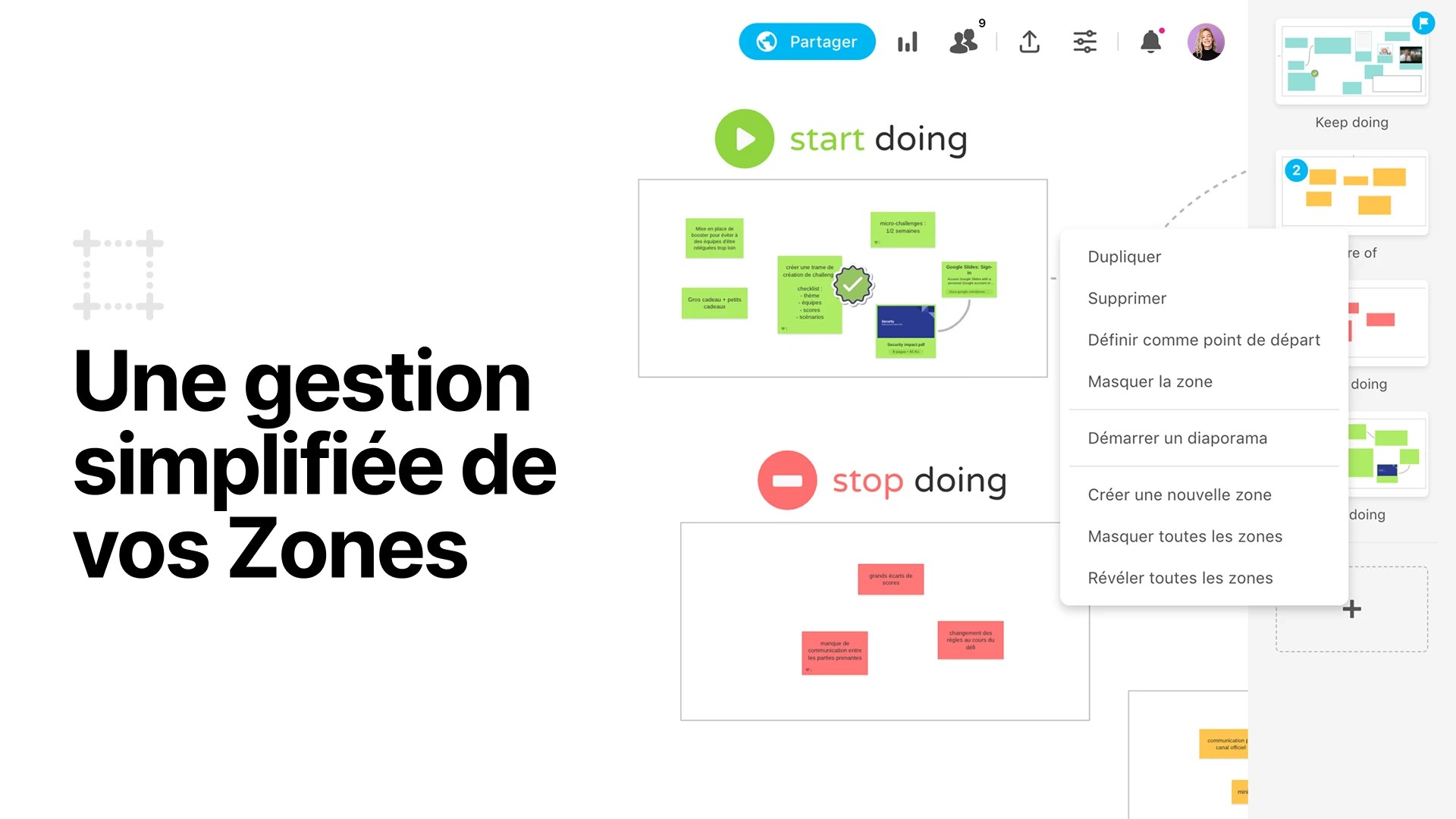 Un aperçu du menu de gestion des Zones maintenant disponible dans vos Boards. | Klaxoon